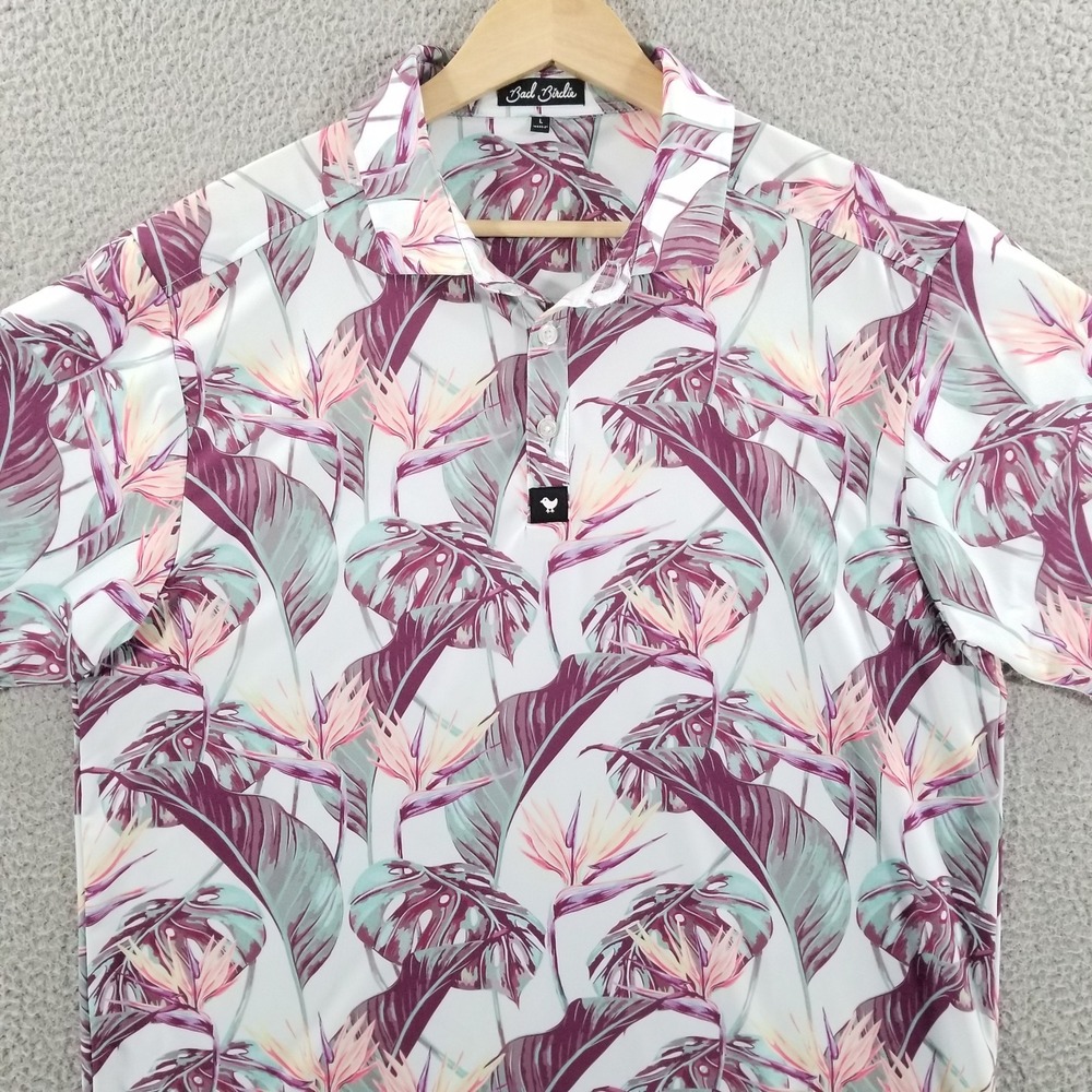 Bad Birdie Polo Shirt Mens Large Shaka Performance Golf Monstera Floral Tropical